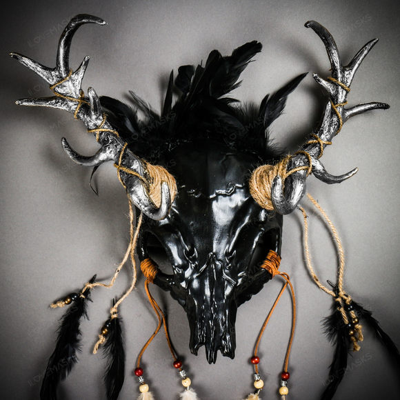 Antelope Devil Silver Deer Horn Skull Ghost Masquerade Mask - Black - Picture 3 of 9